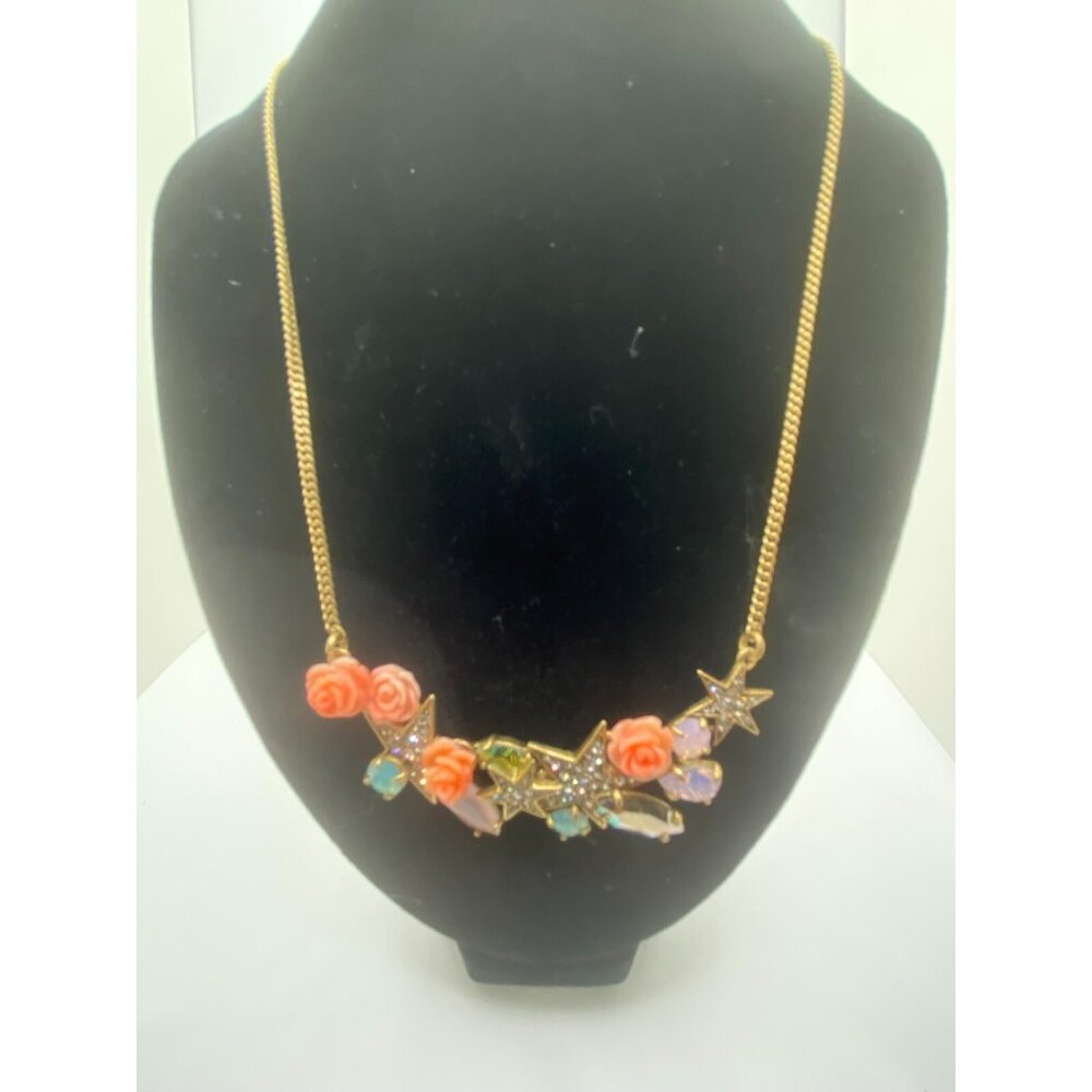 J Crew Necklace Rhinestone Star Peach Rose Green Aurora Borealis Opaque Crystals - Picture 2 of 6